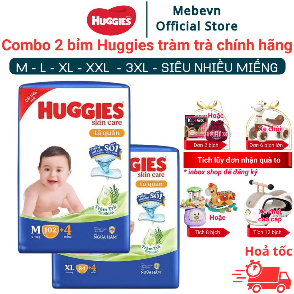 Combo 2 bỉm Huggies tràm trà chính hãng, Huggies tràm trà siêu nhiều miếng size M/L/XL/XL/XXL/XXXL