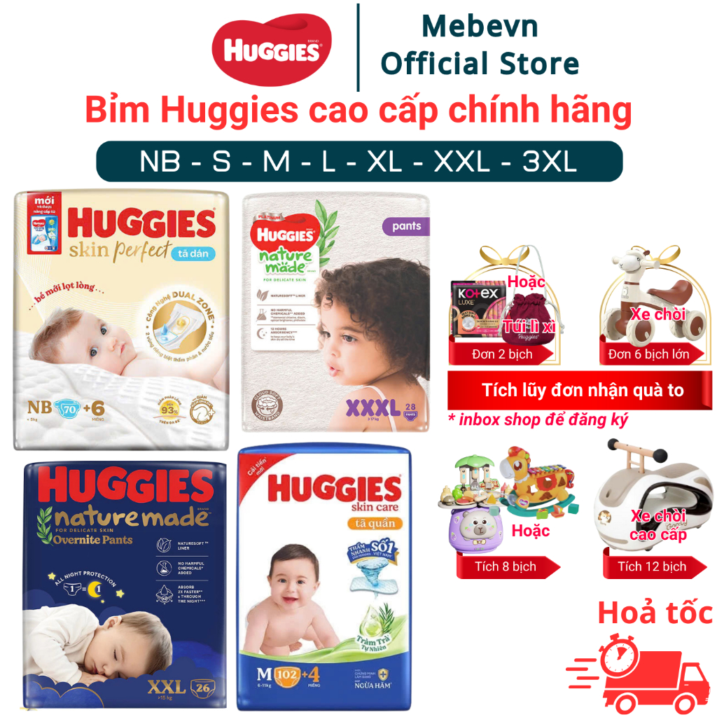 [FBS] Bỉm Huggies Skin Perfect & Huggies Tràm Trà, Huggies Natural Made size NB/S/M/L/XL/XXL/XXXL
