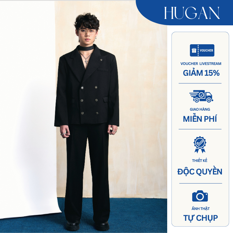 Áo vest nam Blazer nam thiết kế croptop from rộng 2 lớp HUGAN STORE