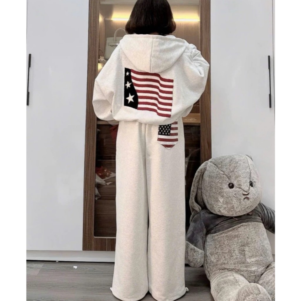 Set Bộ Hoodie Nỉ Cờ Mỹ Zang Zang Unisex – Áo Khoác + Quần Ống Suông, Form Rộng Thể Thao Năng Động NA