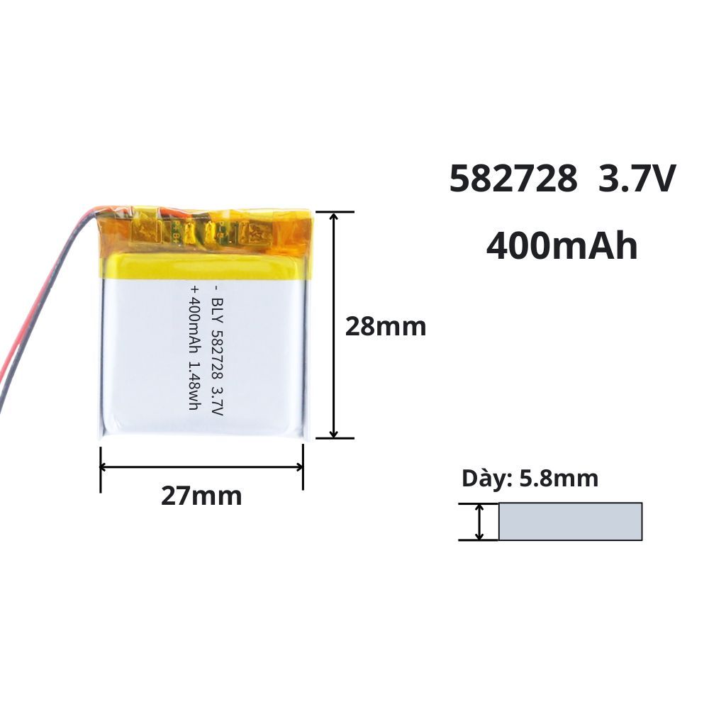 Pin sạc 3.7V 582728 350mAh cho tai nghe, loa blutooth, định vị