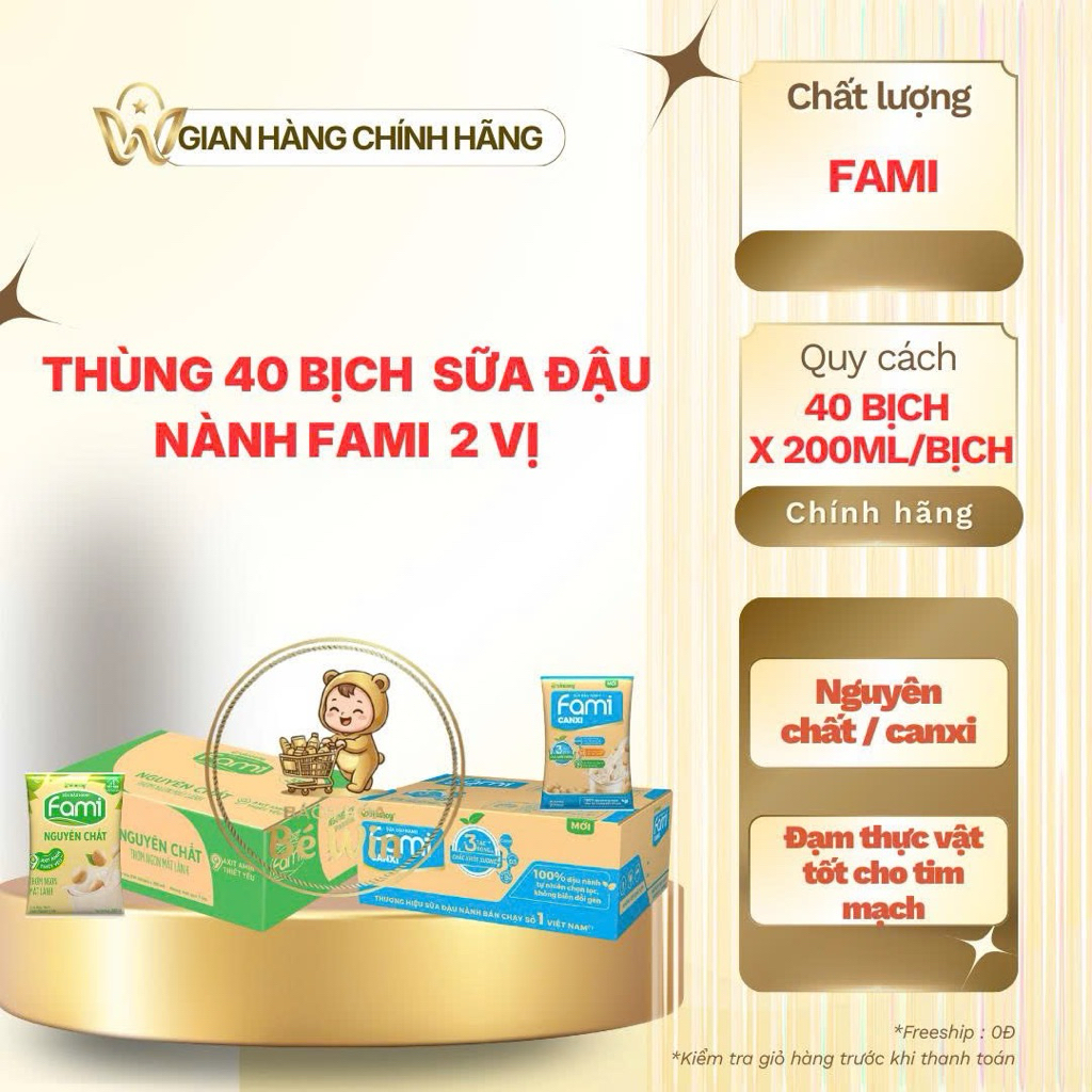 Thùng 40 Bịch Sữa Đậu Nành Fami Nguyên Chất ,Canxi ,Canxi Ít Đường 200ml/ 1 Bịch