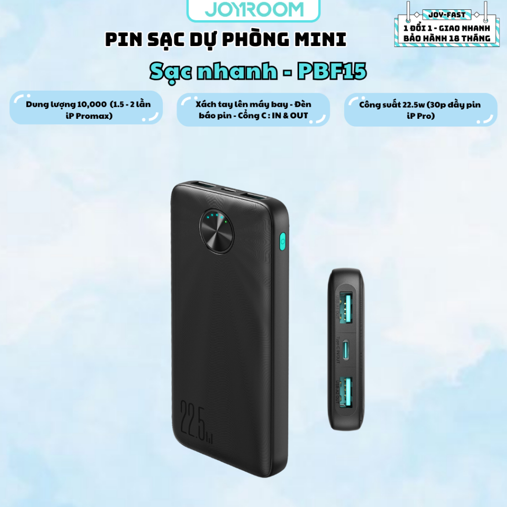 Sạc dự phòng Joyroom PBF15 sạc nhanh 22.5W đèn báo pin dùng cho điện thoại iP, Samsung S24, Xiaomi
