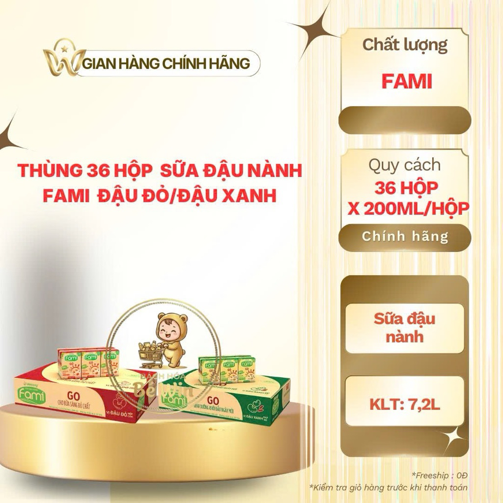 Thùng 36 Hộp Sữa Đậu Nành Fami Go Vị Đậu Xanh Gạo Đỏ ,Vị Đậu Đỏ Nếp Cẩm 200ml