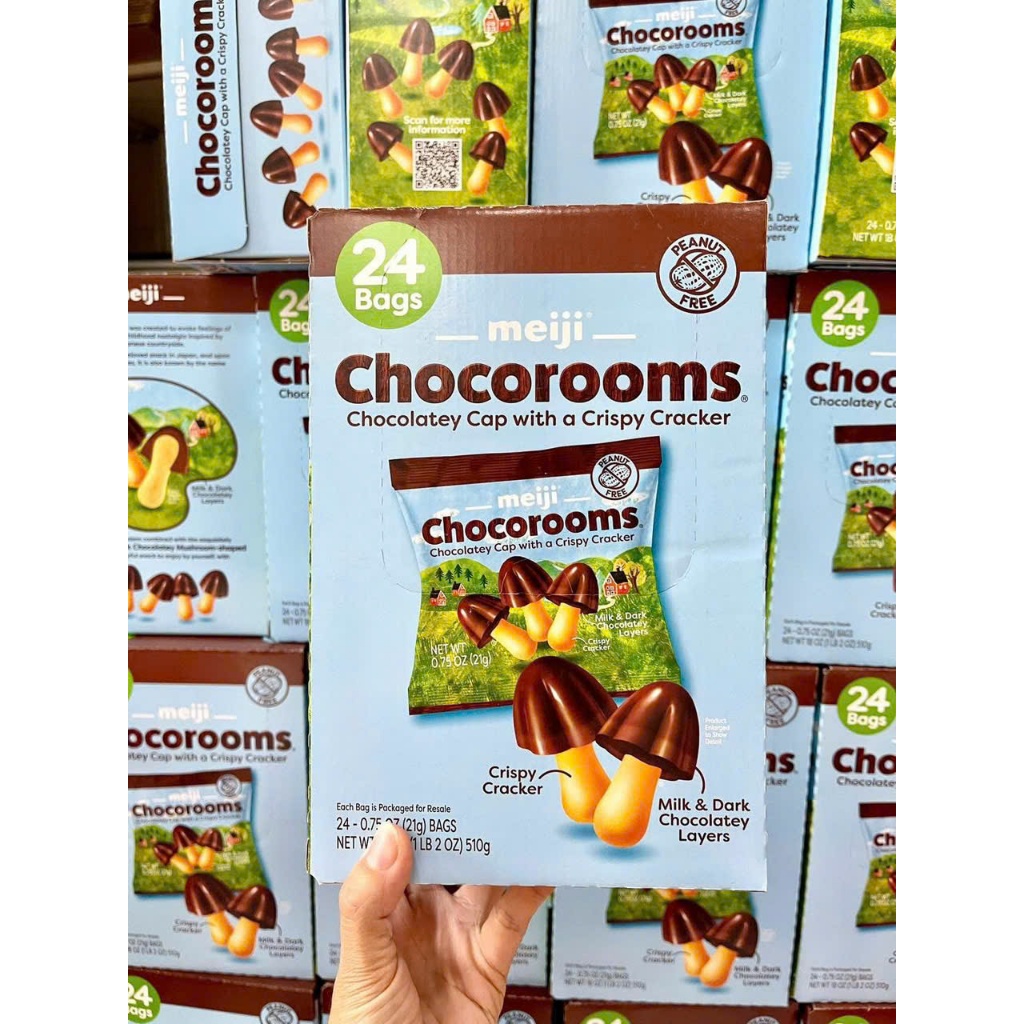 Bánh Nấm Socola Meiji Chocorooms  Milk & Dark Chocolate  Hộp 510g (24 gói x 21g) Mỹ