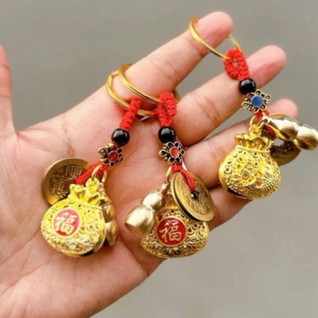 Móc Khoá Phong Thuỷ Đồng Xu Hồ Lô Túi Tiền Màu Đồng May Mắn Phụ Kiện Tết