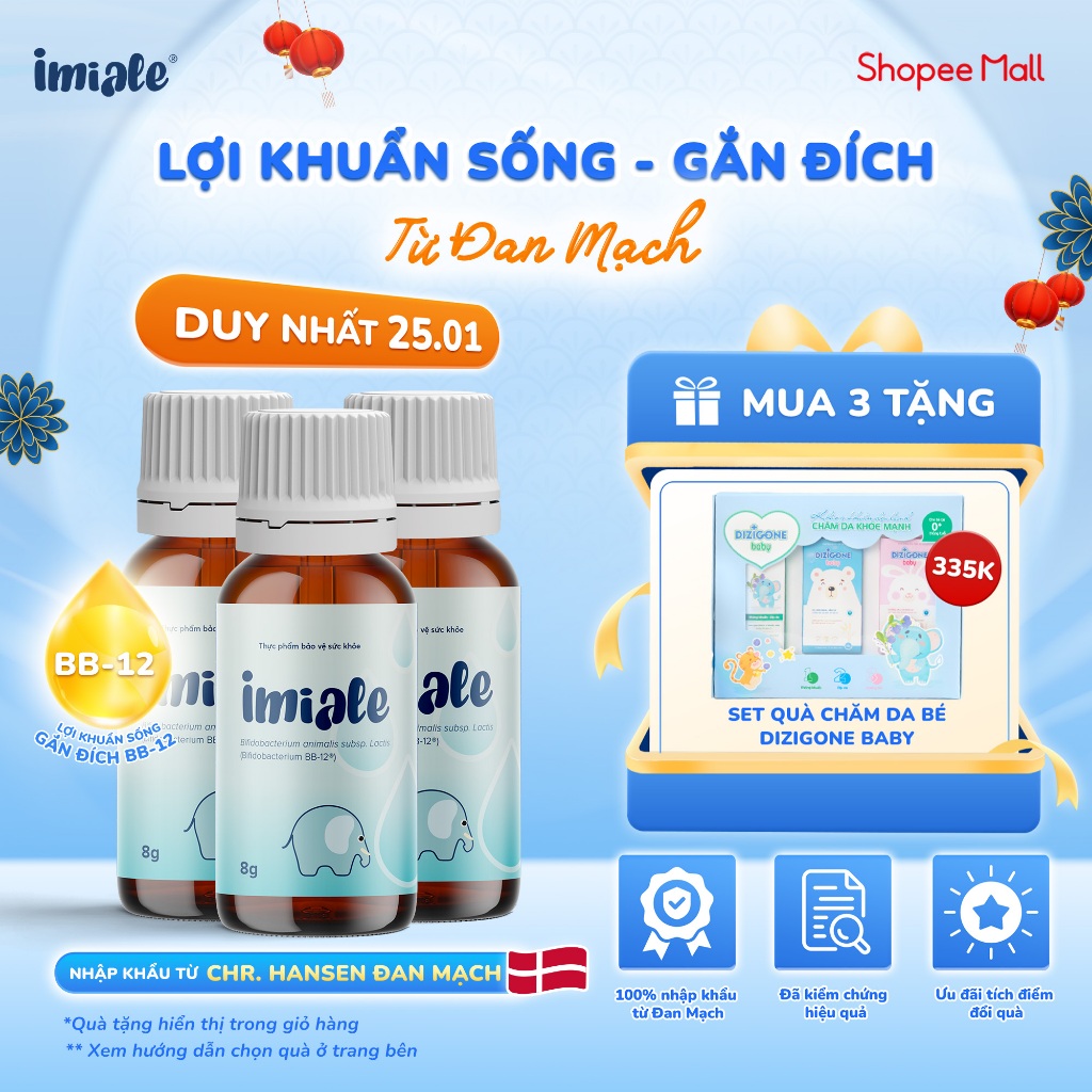 COMBO 03 IMIALE - Men vi sinh chứa lợi khuẩn Bifidobacteirum BB-12 từ Đan Mạch, cải thiện tiêu hóa, 