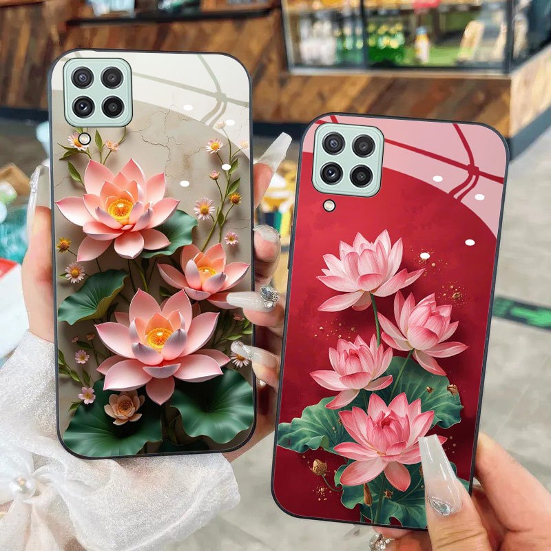 [ Ốp Samsung ] Ốp Lưng Kính Hoa Sen Điện Thoại Samsung A12 A22 M12 M32