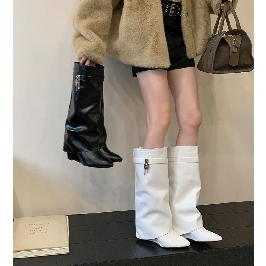 [SẴN] Bốt Nữ phối khoá 2 màu đế 7cm hàng QC BỐT ĐÙI Ổ KHOÁ MŨI NHỌN Giày bốt nữ ống đứng phối khoá Bốt nữ thời trang