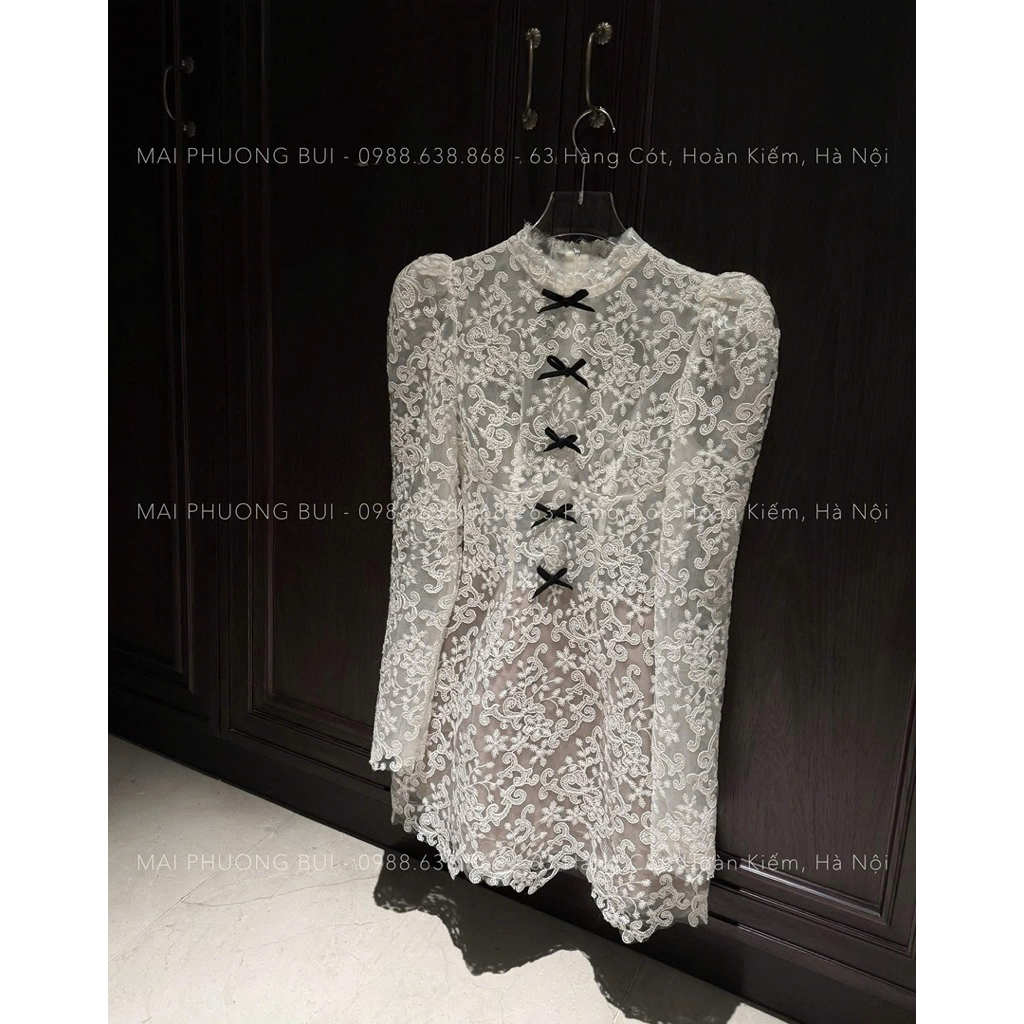 DOTI Váy Đầm Ren Cổ Tròn Tay Bồng Dáng Ngắn MPB