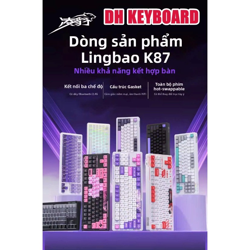 (NEW-SẴN)  LINGBAO  K87 / K87 PRO - Bàn phím cơ không dây - Mạch xuôi - LED RGB - Pin 8000 mAh