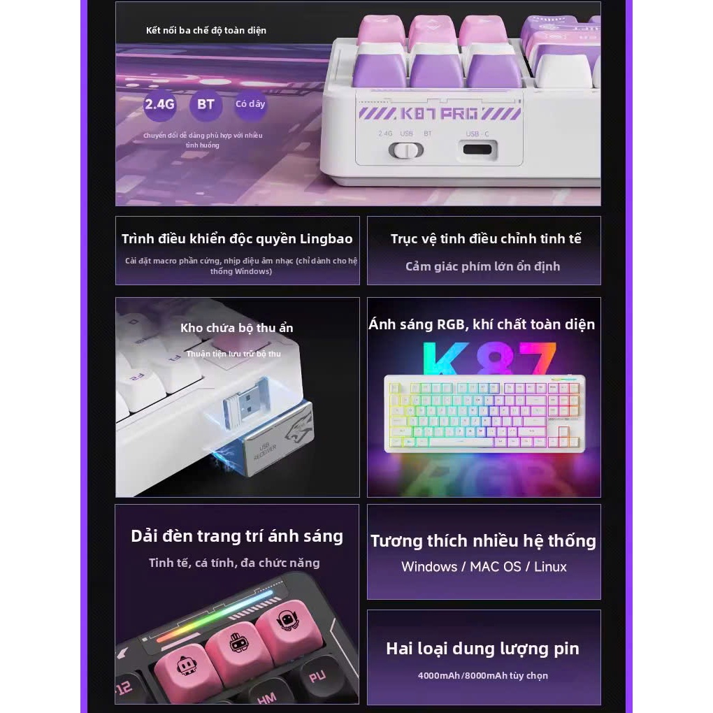 (NEW-SẴN)  LINGBAO  K87 / K87 PRO - Bàn phím cơ không dây - Mạch xuôi - LED RGB - Pin 8000 mAh | BigBuy360 - bigbuy360.vn