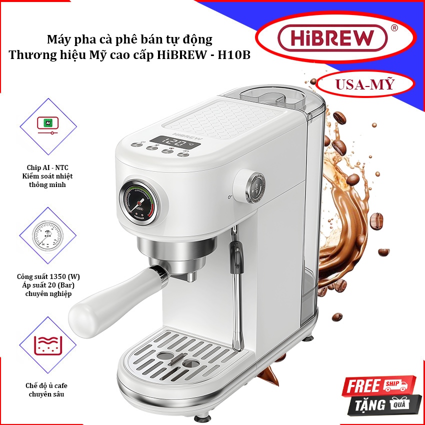 [ Bản nâng cấp] Máy pha cà phê bán tự động Espresso, Cappuccino, Latte. Thương hiệu Mỹ cao cấp HiBRE
