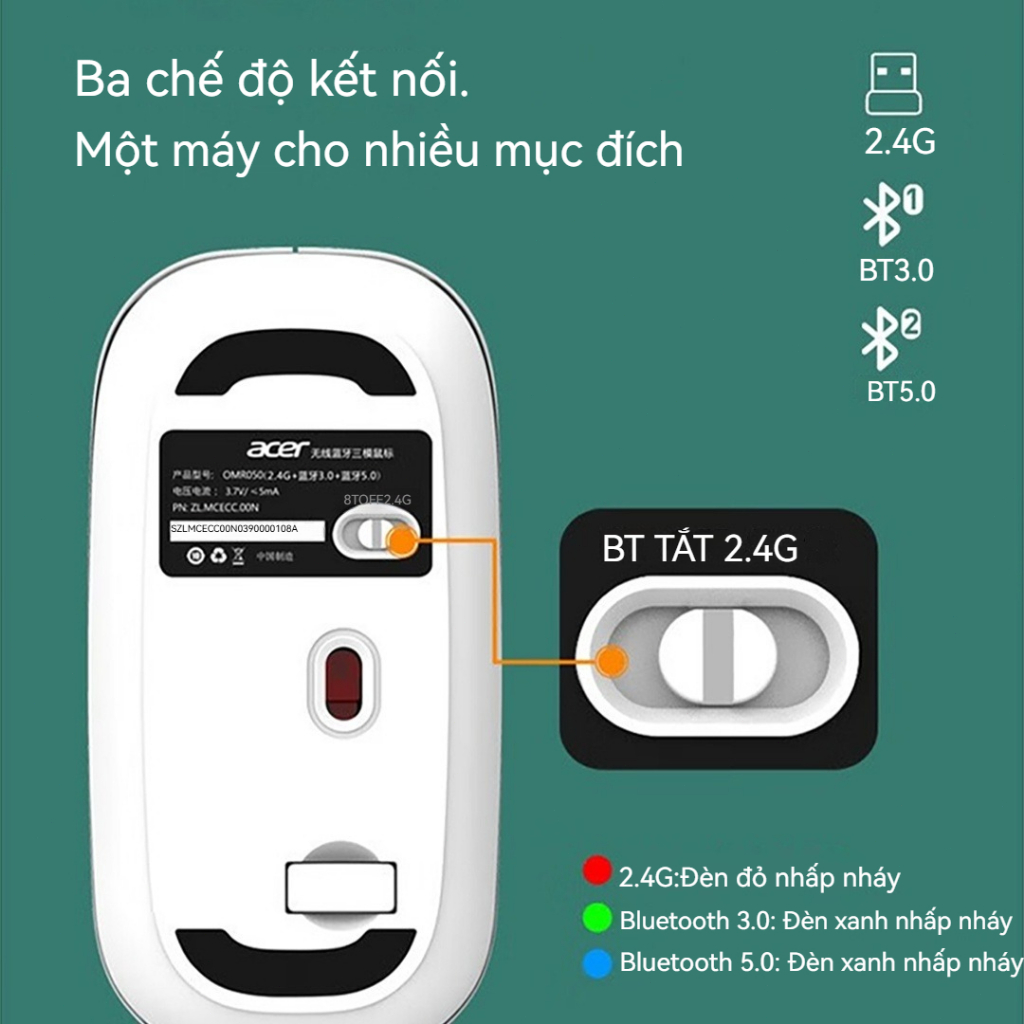 Acer Chuột Không Dây OMR050, 3 Chế Độ, Kết Nối Sạc Pin Đa Năng, Thiết Kế Siêu Nhẹ, 3 Mức DPI, Giảm 35% Áp Lực Cổ Tay | BigBuy360 - bigbuy360.vn