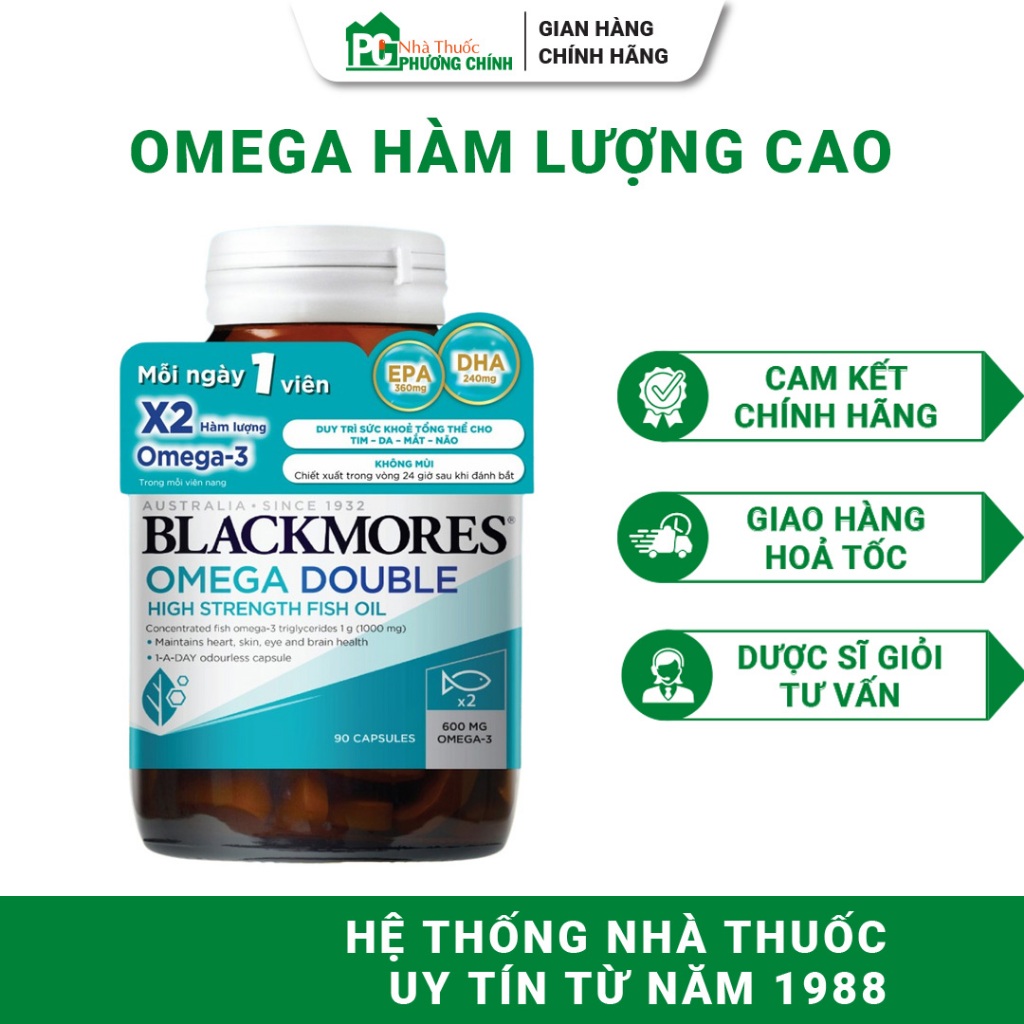 Dầu Cá Omega 3 Blackmores Omega Double High Strength Fish Oil Hàm Lượng Cao, Không Tanh 90 Viên/Lọ
