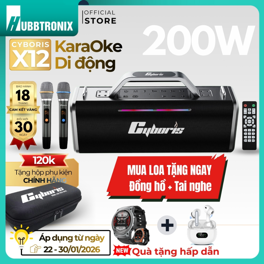 Loa Karaoke Cyboris X12 (Đỉnh cao Karaoke di động),Công suất 200W,Loa siêu Bass. Pin 18000mAh,PX6.
