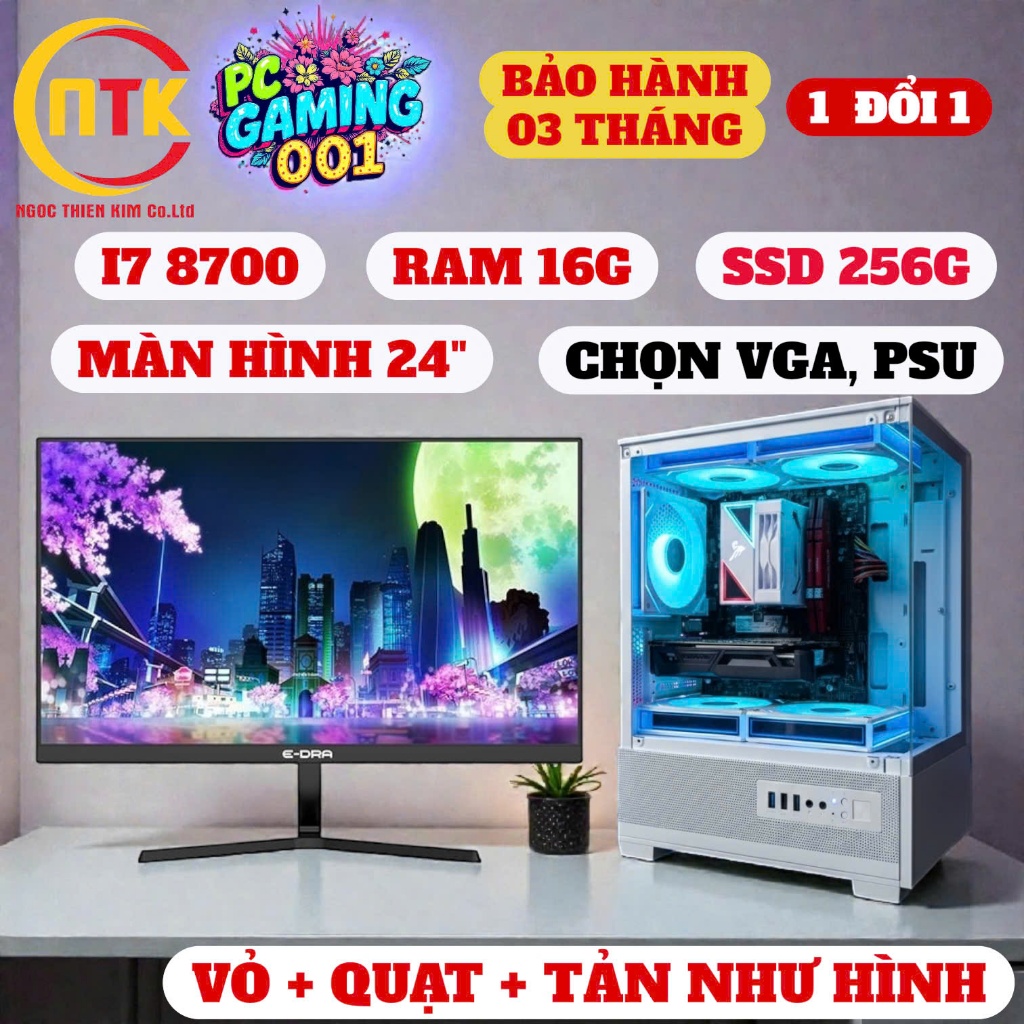 [BỘ PC GAMING 001] Core i7 8700 i5 9400F i3 9100F/ RAM 16G/ SSD 256G/ VGA TÙY CHỌN/ MÀN 24" FULL HD