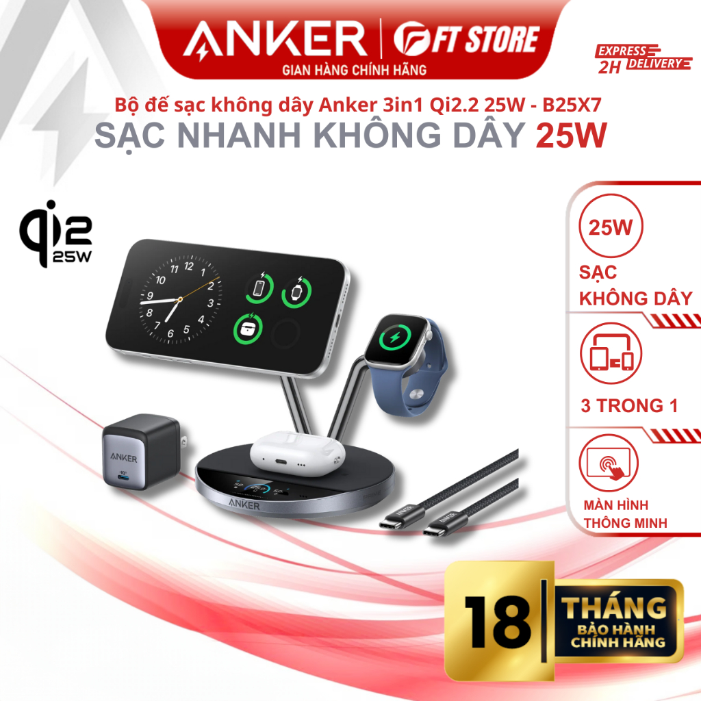 Đế sạc không dây Anker Prime Maggo 3 trong 1 B25X7 - 25W sạc cùng lúc cho điện thoại, tai nghe và đồ