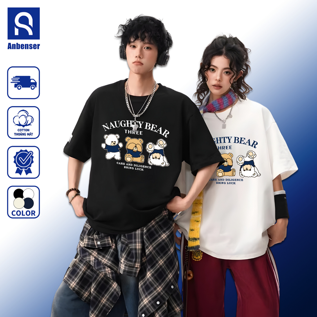 ANBENSER Áo Thun NAUGHTY BEAR Cotton Unisex Nam Nữ Form Rộng Tay Lỡ Oversize Chất Liệu Cotton Phù Hợ