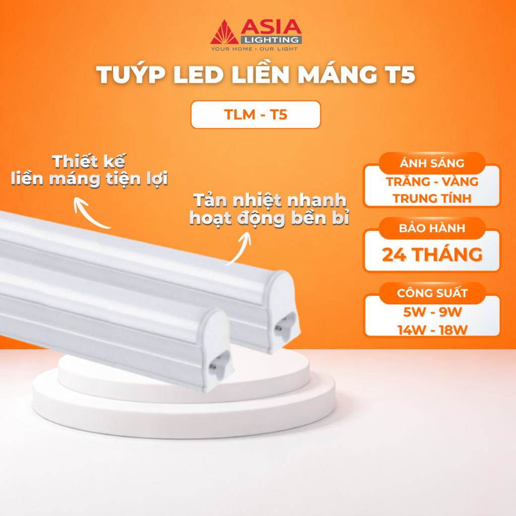 Tuýp LED Liền Máng T5 Siêu Sáng Asia Lighting – 5W/9W/14W/18W – Ánh Sáng Trắng/Vàng/Trung Tính