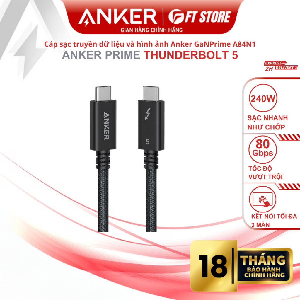 Cáp sạc nhanh truyền dữ liệu hình ảnh Anker Prime 240w 80Gbps Thunderbolt 5 A84N1 bện Nylon dài 0.5M