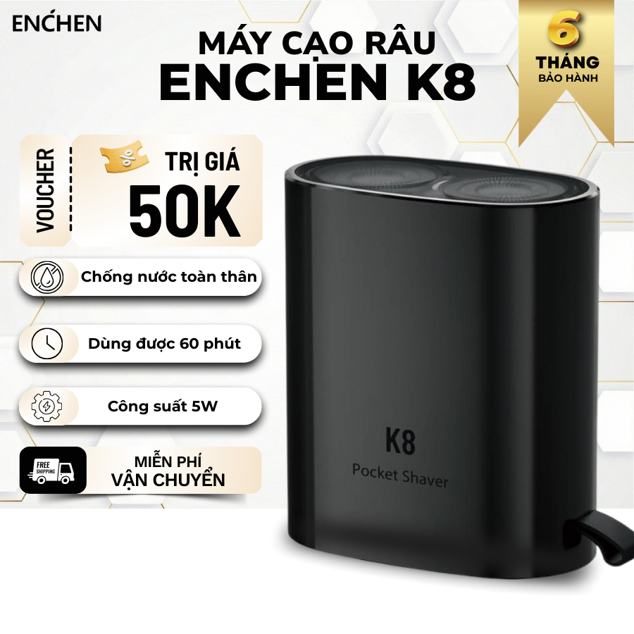 Máy Cạo Râu Enchen K8 | Đầu cạo nổi 2D, Chống Nước, Dùng liên tục 60 phút, Sạc nhanh Type-C