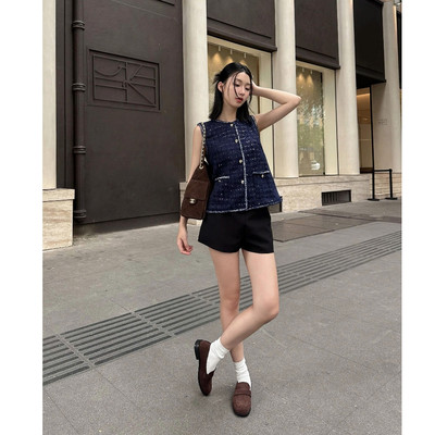 TUBYCATU Áo Gile Navy Tweed Top Viền Tua Rua Sang Trọng Thanh Lịch