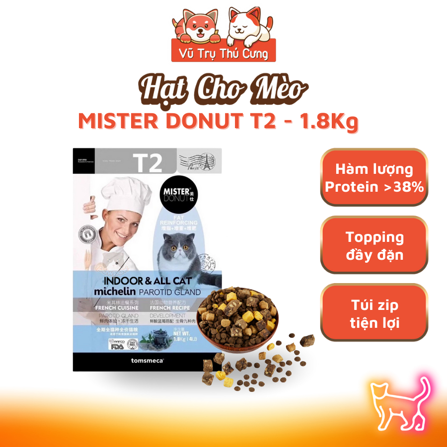Hạt Mister Donut T2 dành cho mèo trưởng thành, túi 1.8Kg