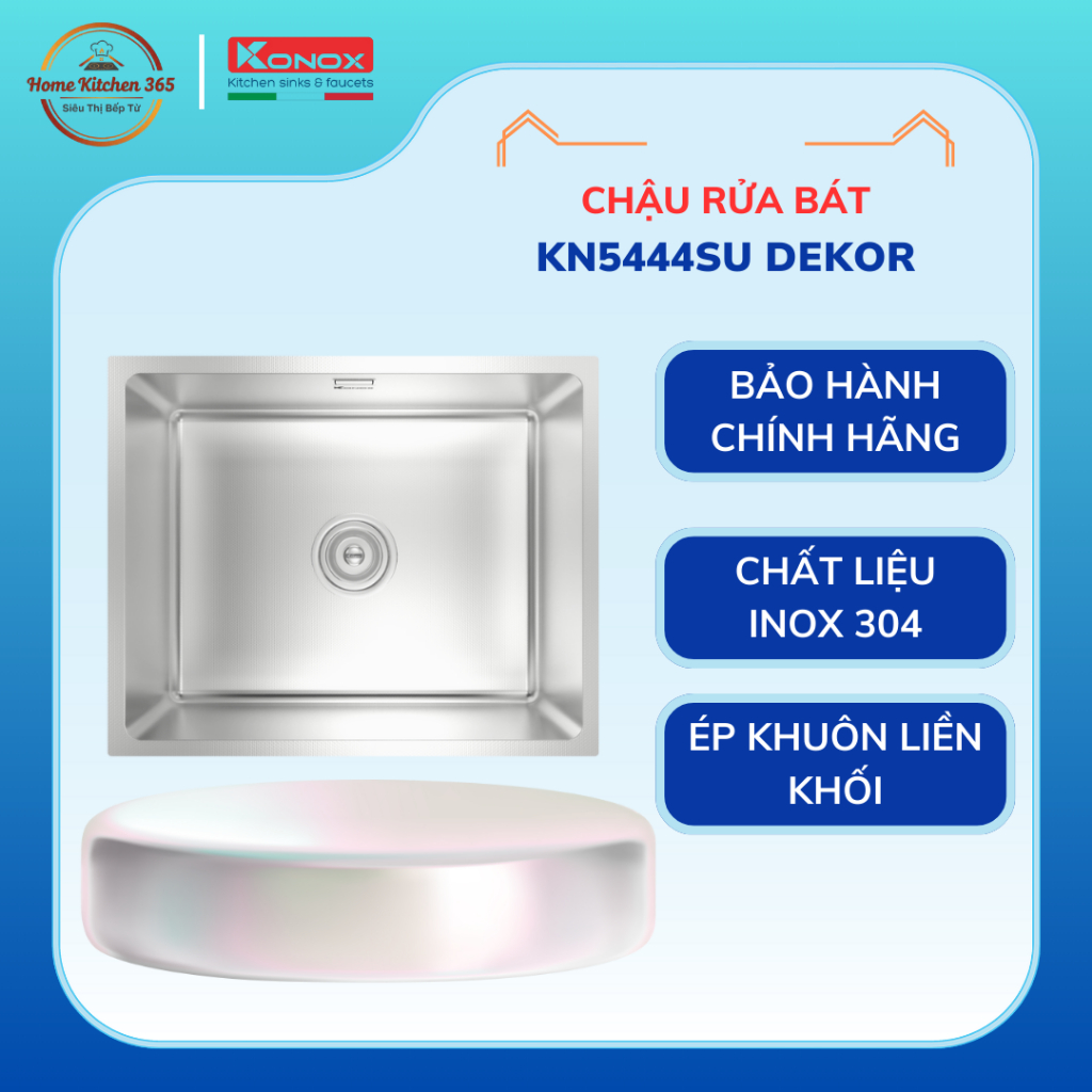 Chậu Rửa Chén Konox Dekor KN5444SU – Inox 304 Dày Cao Cấp, 1 Hộc Lắp Âm Bàn Hiện Đại
