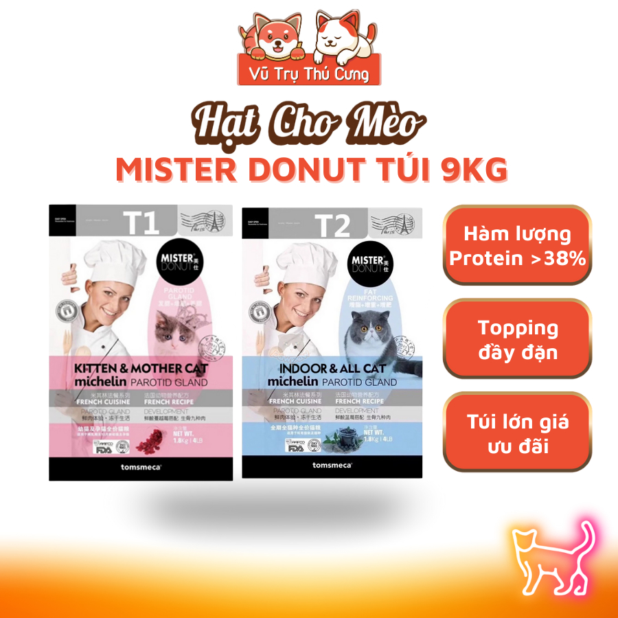 (9Kg) Thức Ăn Hạt Mister Donut T1 và T2 Dành Cho Mèo con, Mèo Trưởng Thành
