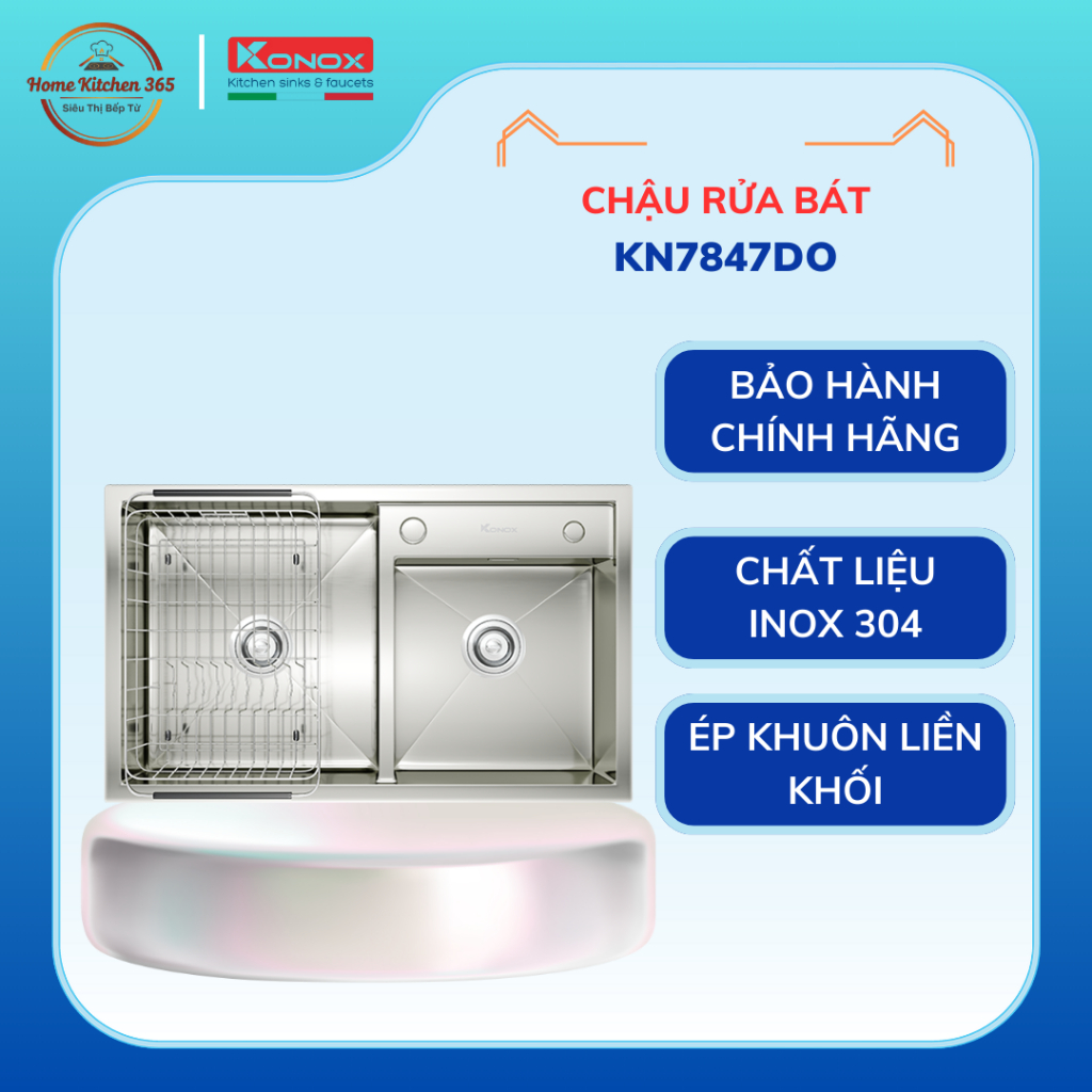Chậu Rửa Bát Konox KN7847DO – Inox 304 Dày Cao Cấp 2 Hộc Có Bàn Lắp Đá Topmount