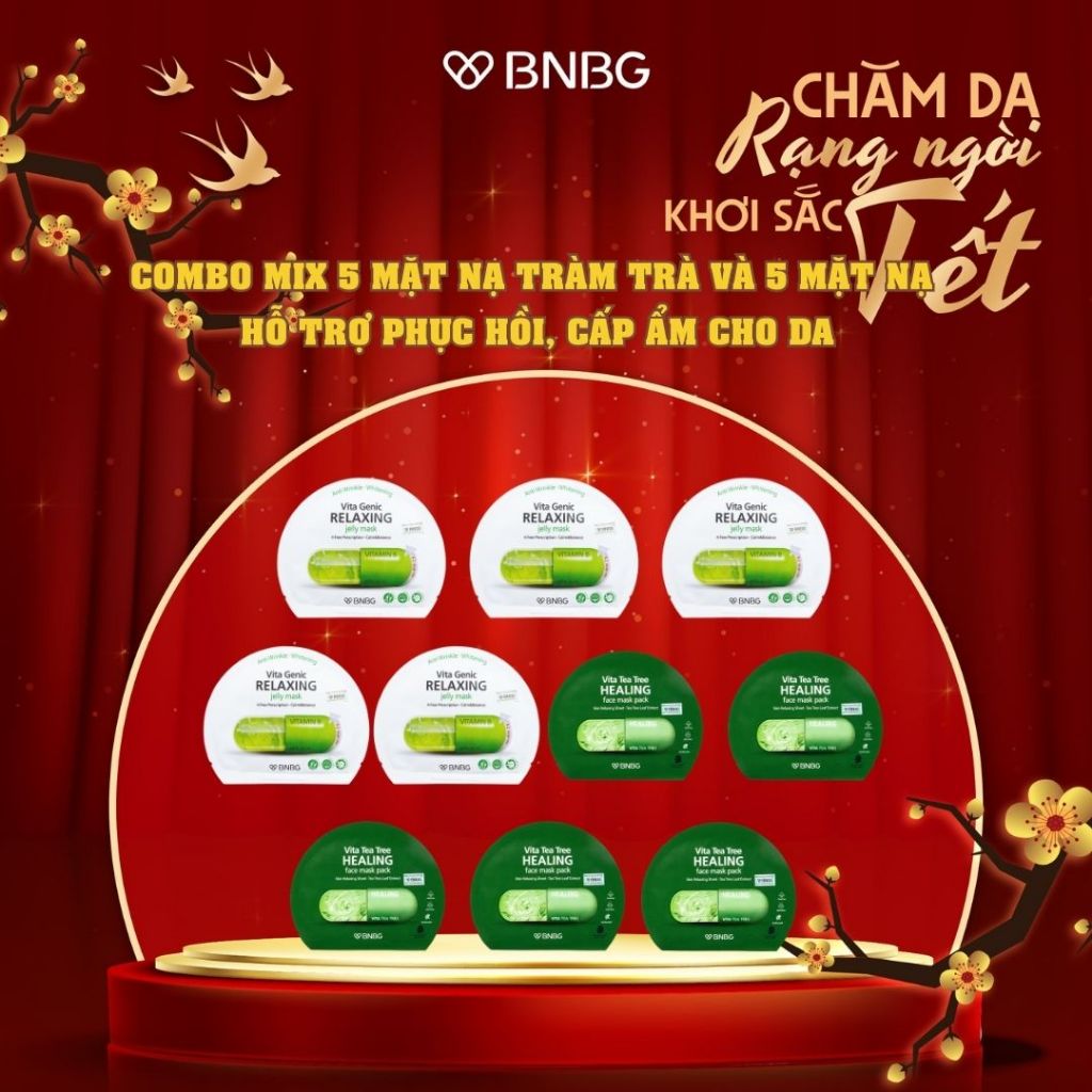 (KOL) Combo Mix BNBG Mặt Nạ Tràm Trà và Mặt Nạ Relaxing Hỗ Trợ Làm Dịu, Phục HồI Da 30mlx10 (5 Tràm 