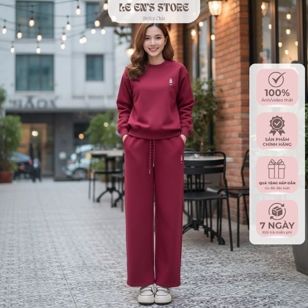 Set Bộ Nỉ Thêu Gấu Quần Ống rộng –  Bộ Đồ Nỉ Nữ Dày Mịn, Form Rộng Hot Trend-B69