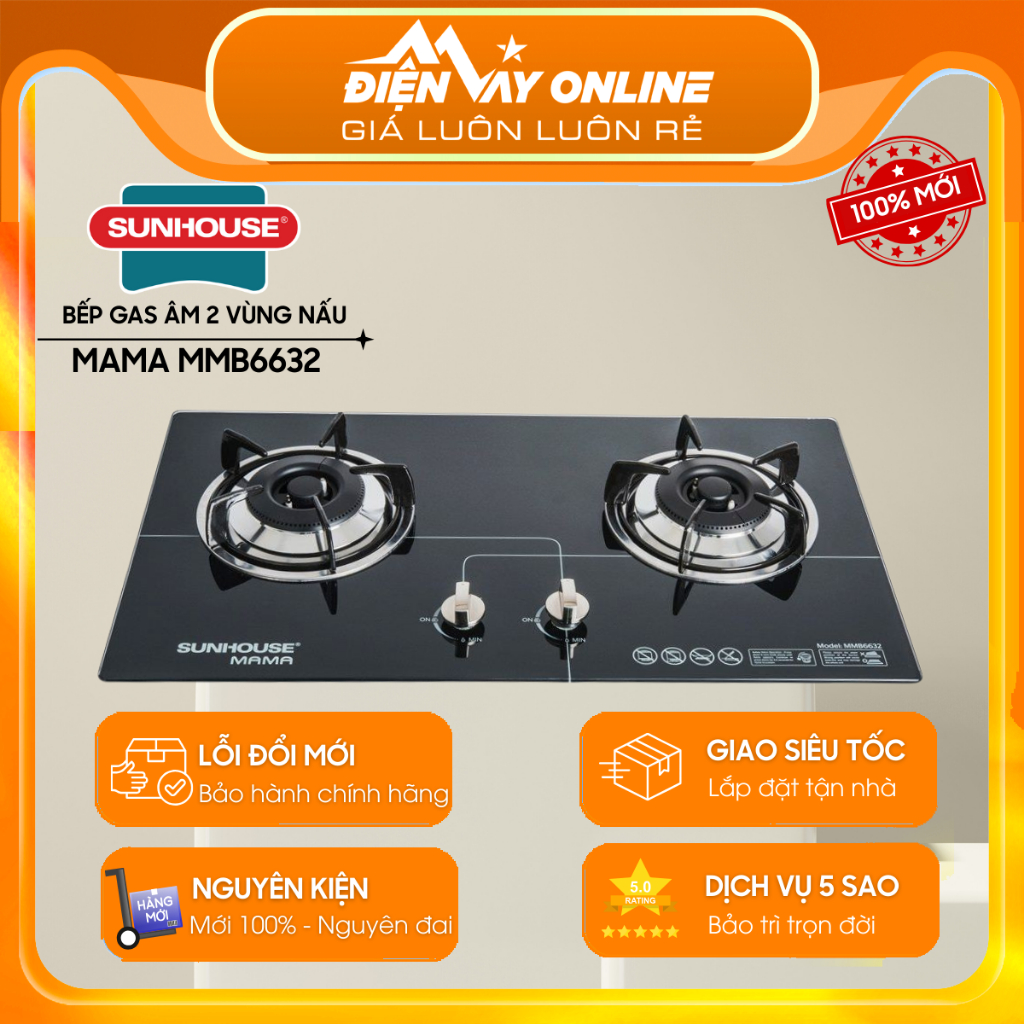 [HỖ TRỢ LẮP ĐẶT] Bếp gas âm 2 vùng nấu SUNHOUSE MAMA MMB6632 - Bảo Hành Chính Hãng
