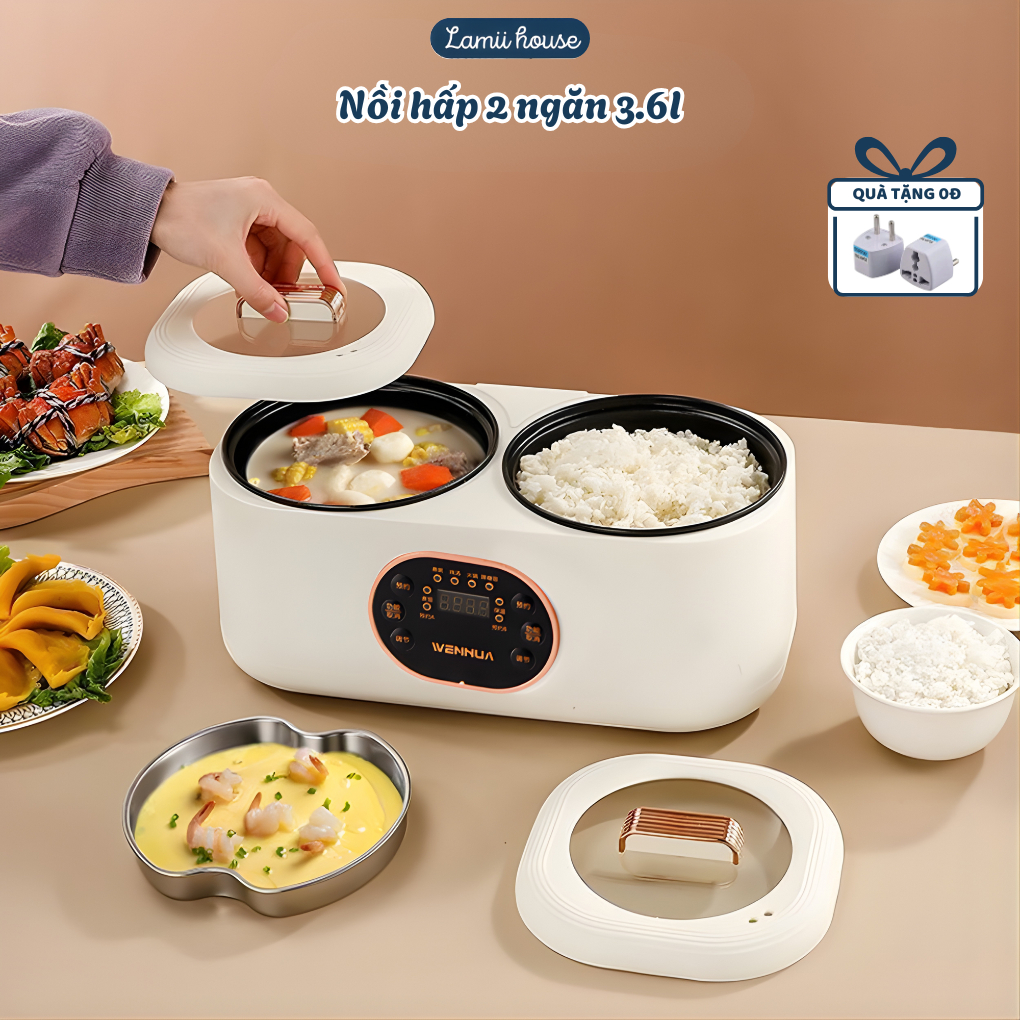 Nồi Điện Đa Năng Lamii house 2 Ngăn 3,6L Nồi Cơm Điện Mini Hấp Có Chức Năng Hẹn Giờ 6 Chức Năng Nấu