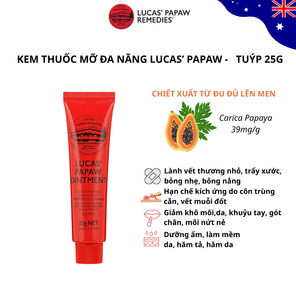 Kem đu đủ Lucas Papaw Ointment nhanh lành vết thương nhỏ, muỗi cắn, bỏng nhẹ, rôm sẩy, hăm tả - Tuýp 25g