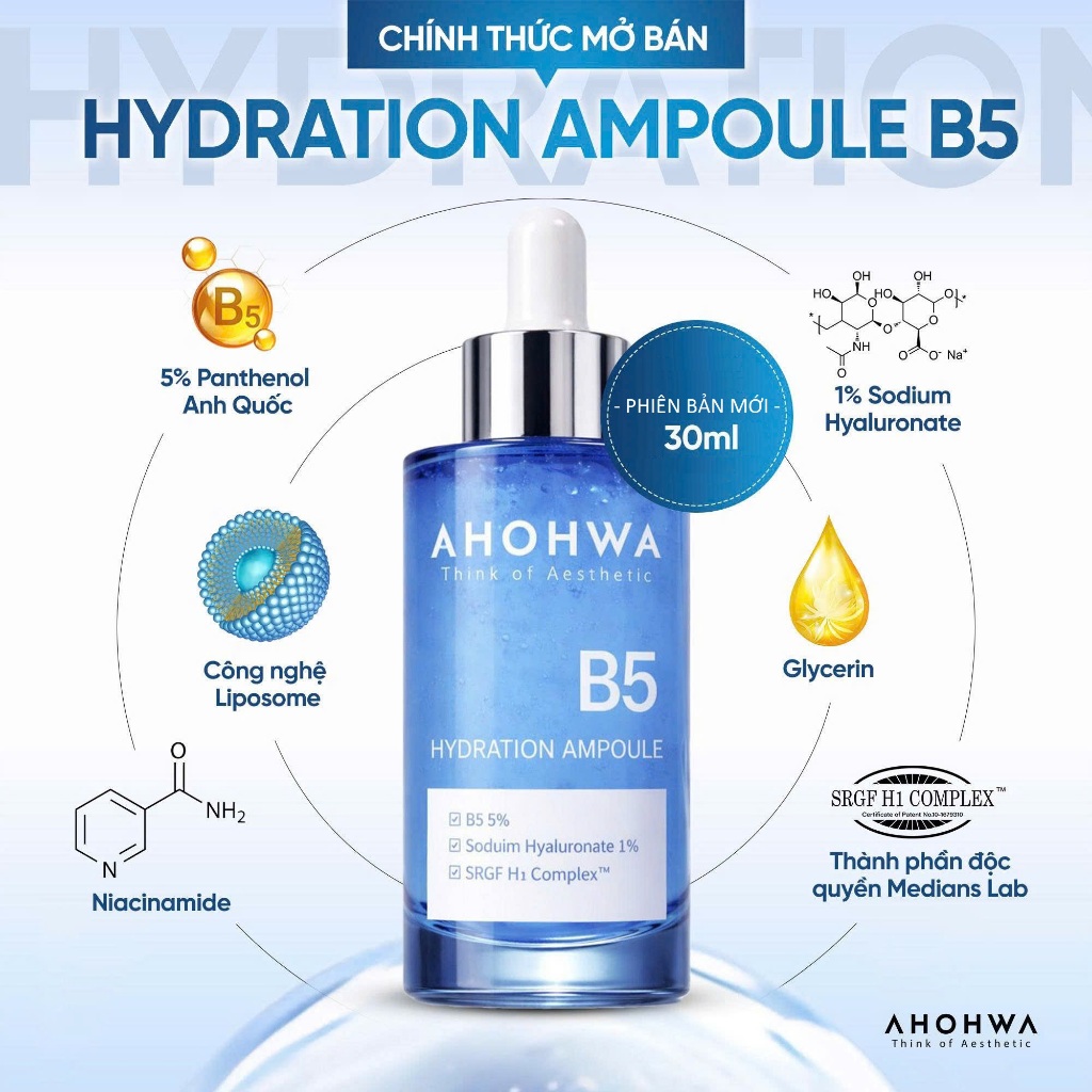 Ampoule B5 Cô Đặc Cấp Ẩm Phục Hồi Da Nồng Độ B5 5% + 1% HA  Ahohaw 30ml