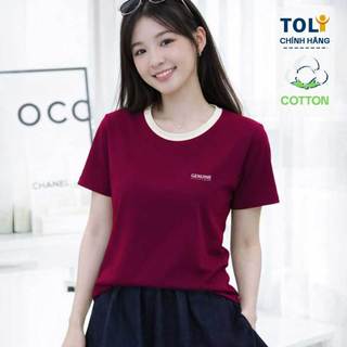 Áo thun nữ TOLI PSM36 – Cổ tròn phối viền sang, in chữ GENUINE tinh tế, form vừa đẹp, cotton mềm mịn