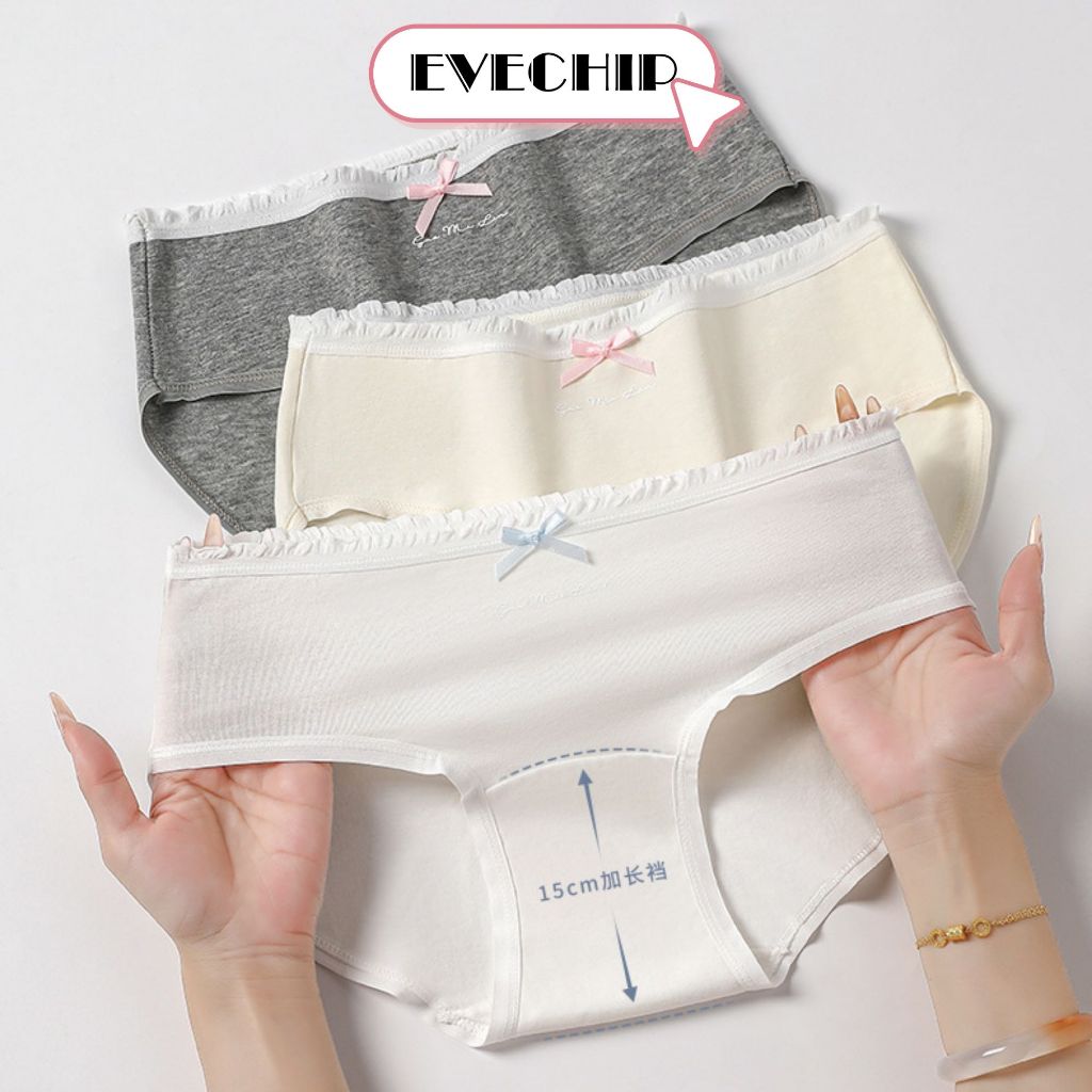 Quần Lót Nữ Cotton Kháng Khuẩn Cạp Vừa Co Dãn, Quần Chip Nữ Viền Bèo Đính Nơ Xinh Xắn AMYBRA L4119