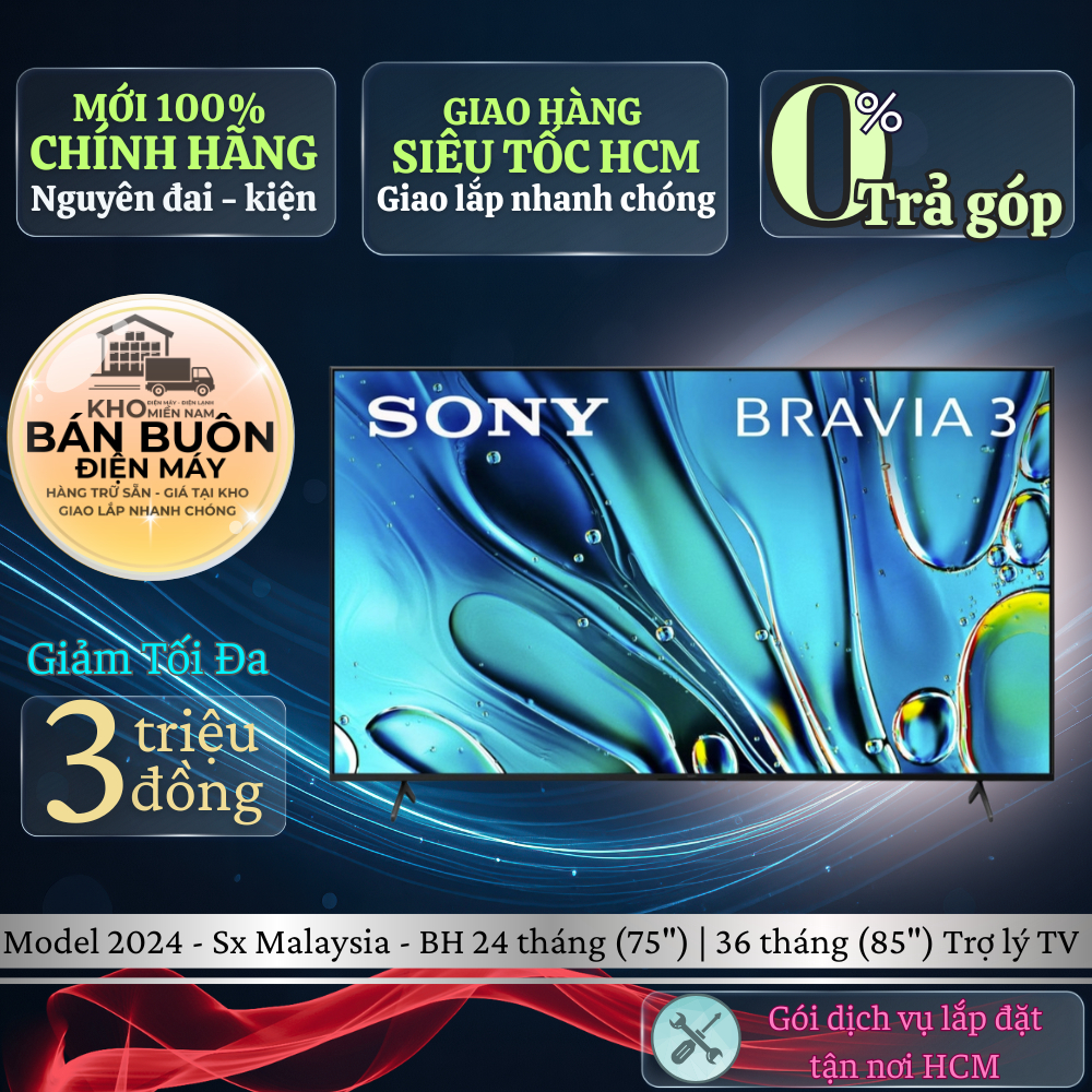 Google Tivi Sony K-85S30 | K-75S30 – 4K UHD, Dolby Atmos, Bộ Xử Lý X1, Thiết Kế Viền Mỏng Sang Trọng