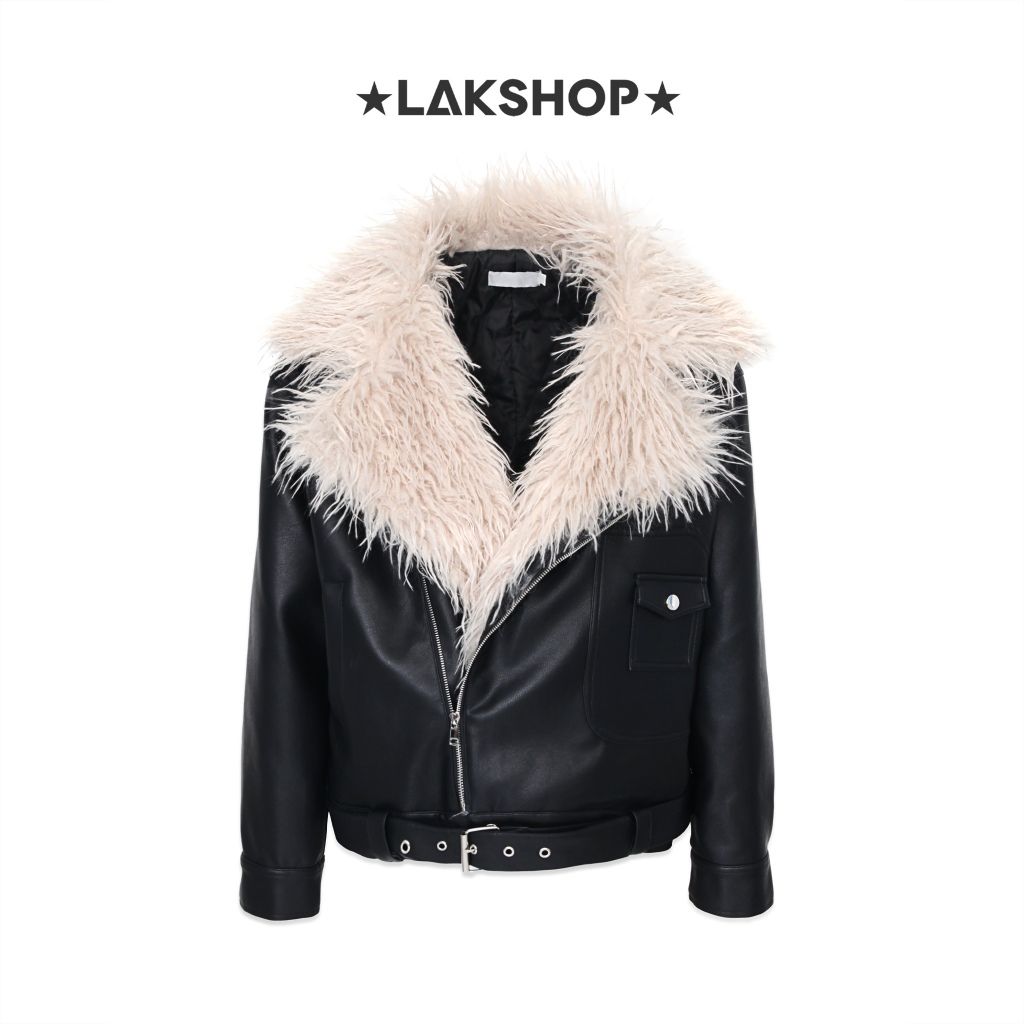 Áo Black Large Fur Collar Faux Leather Jacket