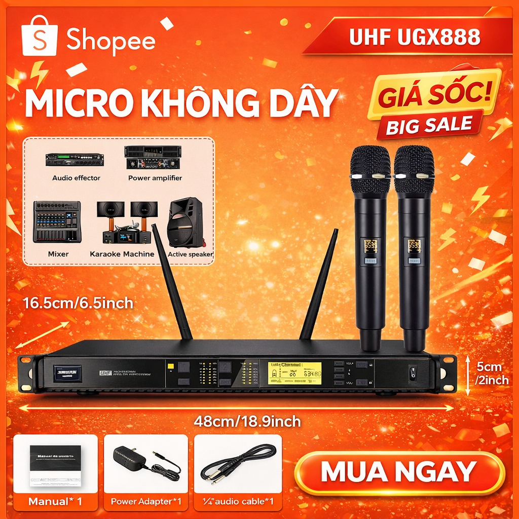 Micro Không Dây SHURE UGX888  - Hàng Cao Cấp Tụ To Chống Hú Chất Lượng 4 Anten Thu Phát Sóng Ổn Định
