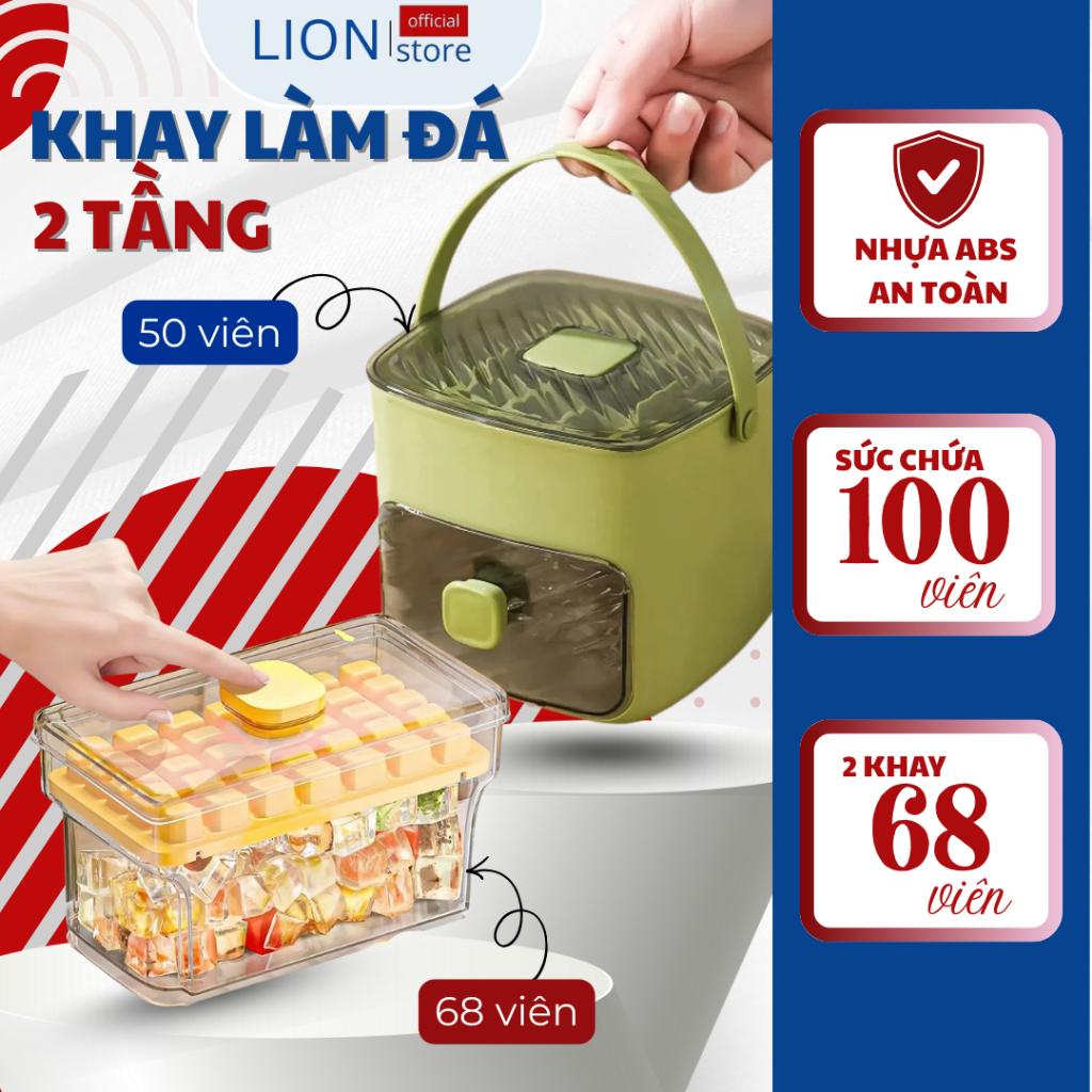 [𝐠𝐢𝐚𝐝𝐮𝐧𝐠𝐋𝐈𝐎𝐍] Khay Làm Đá 2 Tầng Có Nắp Đậy, Khay Đá Mini Nhấn Nút Lấy Đá Dễ Dàng Sử Dụng, Hộp Đựng 