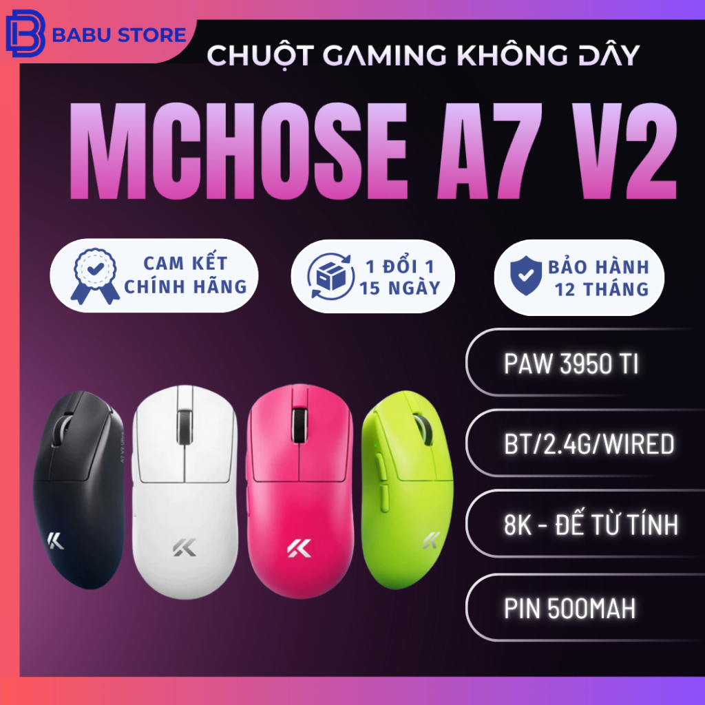 Chuột Máy Tính Không Dây Mchose A7v2 - a7v2 ultra+ | Lớp phủ mới super glide | 3 Chế Độ Kết Nối - Trọng lượng nhẹ