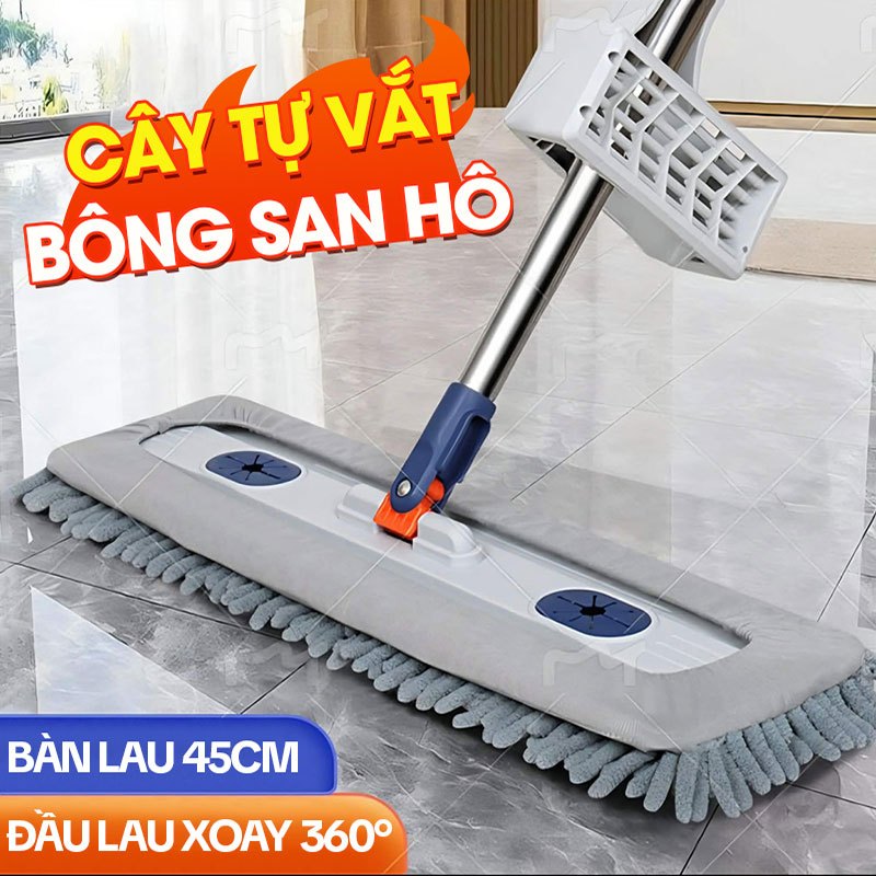 Cây Lau Nhà Tự Vắt KITIMOP CORAL, Chổi Lau Nhà Tự Vắt Thông Minh Xoay 360 Độ, 2 Bông Lau