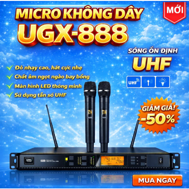 NEW 2025 Micro Không Dây SHURE UGX888  Micro Không Dây Karaoke 2 Râu  Sóng Xa 100M, Chống Hú, Hát Nh