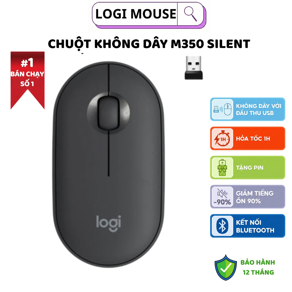 Chuột Không Dây Logi Pebble M350 Silent, Chuột Văn Phòng, Kết Nối Bluetooth, USB, Bảo Hành 1 Đổi 1 t