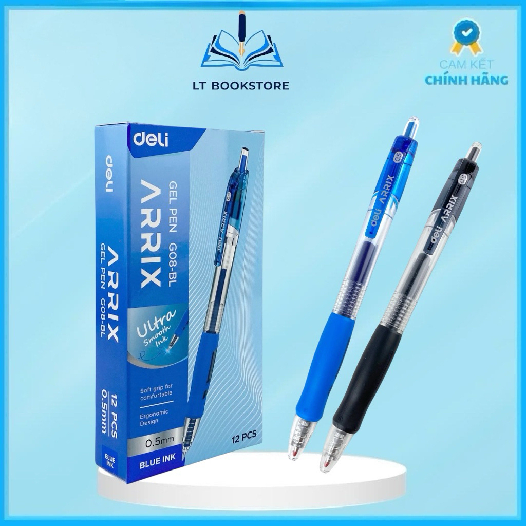 Combo 3/6 Bút Gel bấm DELI G08 Ngòi 0.5mm, mực xanh dương/đen - LT BookStore