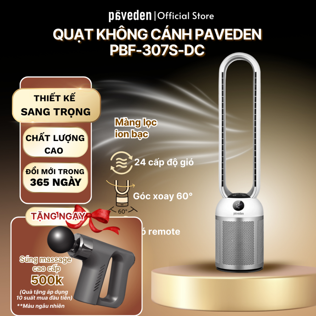 [Tặng Súng Massage 500K - 10 suất] Quạt Không Cánh Tích Hợp Lọc Không Khí Ion Bạc Paveden PBF-307S-D