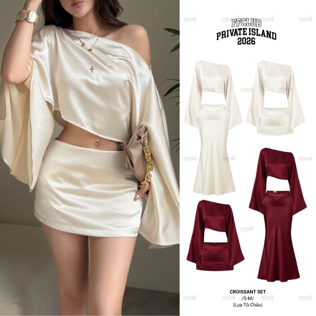[CÓ TÁCH SET] SET ÁO LỤA FORM CROP TRỄ VAI CROISSANT & CHÂN VÁY LỤA 2 LỚP CARAMEL FFCLUB
